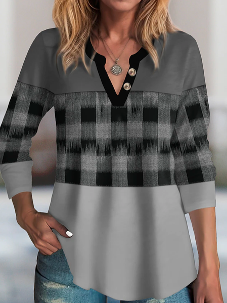 Geometric Loose V Neck Casual T-Shirt, Gray, T-Shirts