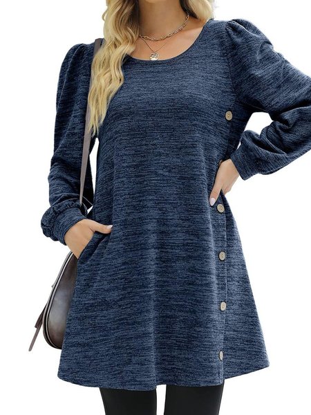 Crew Neck Plain Buckle Casual Dress, Deep blue, Midi Dresses