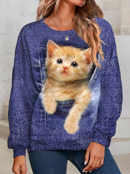 Cat Casual Crew Neck Sweatshirt, Blue, Sweatshirts & Hoodies