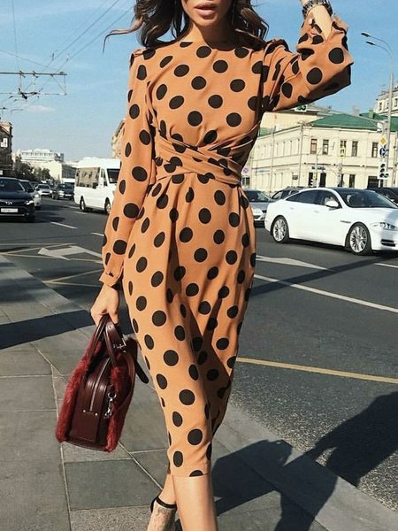 Long Sleeve Elegant Regular Fit Boat Neck Dress, Orange, Midi Dresses