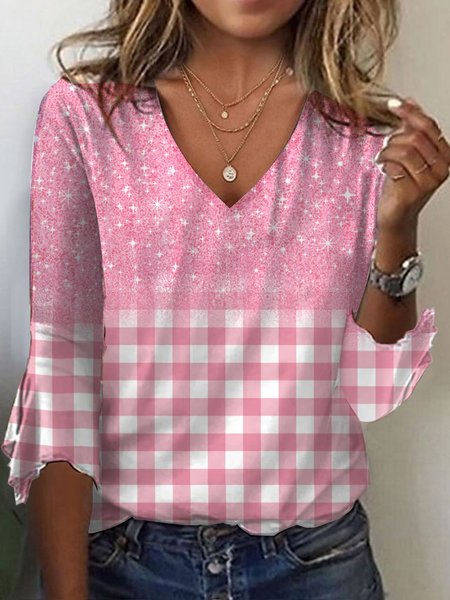 Flare Sleeve Plaid Casual Loose T-Shirt, Pink, T-Shirts