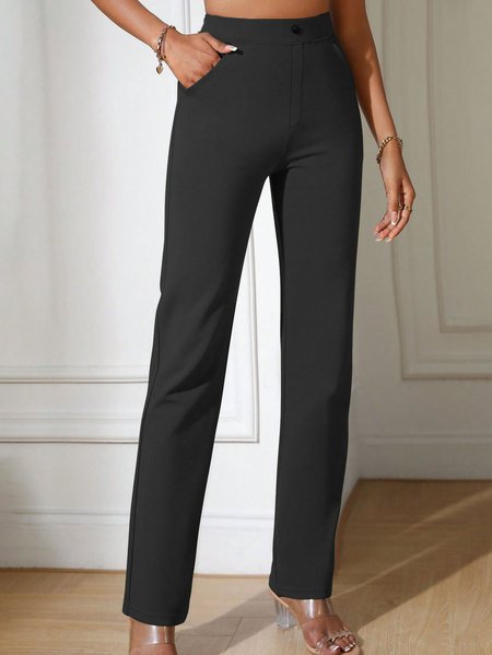 High Elastic Casual Plain Regular Fit Pants, Black, Pants