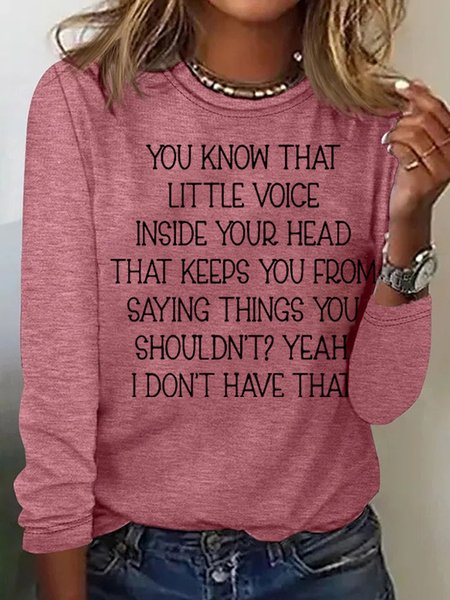 Casual Loose Text Letters T-Shirt, Pink, Long sleeves