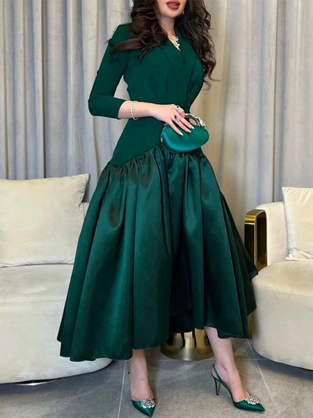Elegant Regular Fit Cross Neck Midi Dress With No Belt, Green, Maxi Dresses