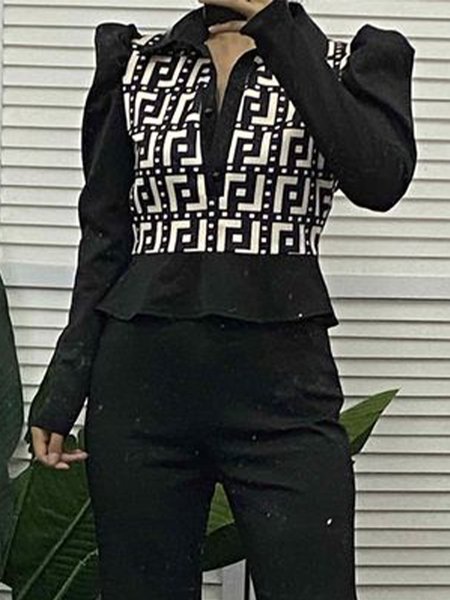 Regular Fit Urban Shirt Collar Geometric Blouse, Black, Blouses and Shirts