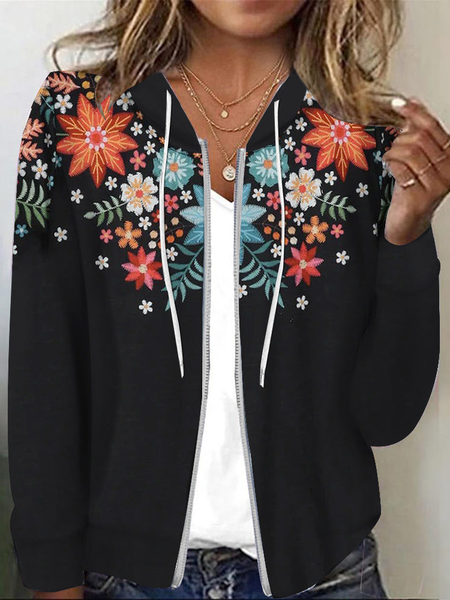 Loose Hoodie Floral Casual Jacket, Black, Jackets