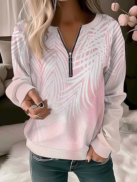 Leaf Loose Casual Zipper Sweatshirt, Pink, Sweatshirts & Hoodies