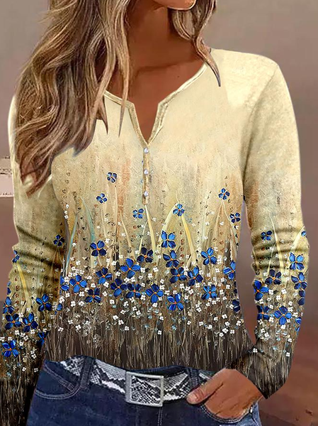 Casual Floral V Neck T-Shirt, Yellow, T-Shirts