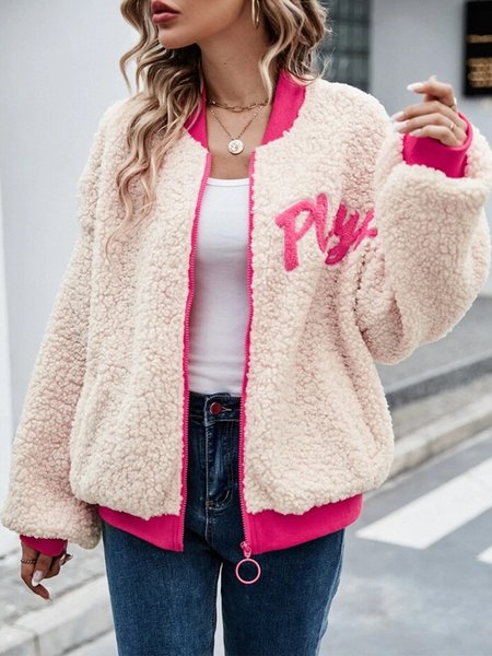 Color Block Zipper Casual Teddy Jacket, Beige, Coats
