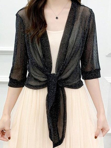 Casual Plain Knot Front Kimono, Black, Cardigans