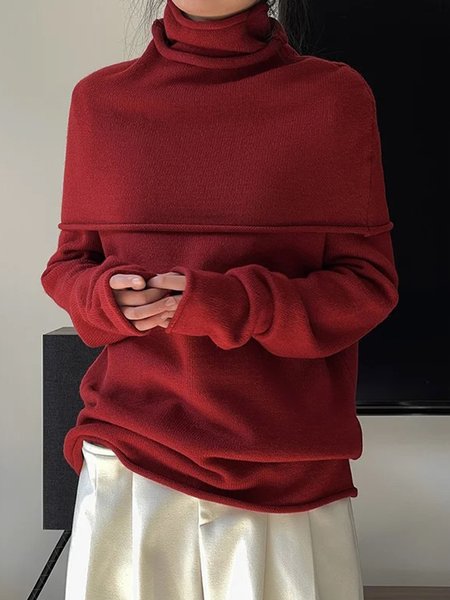 Turtleneck Loose Plain Urban Sweater Inclouded Shawl, Deep red, Pullovers