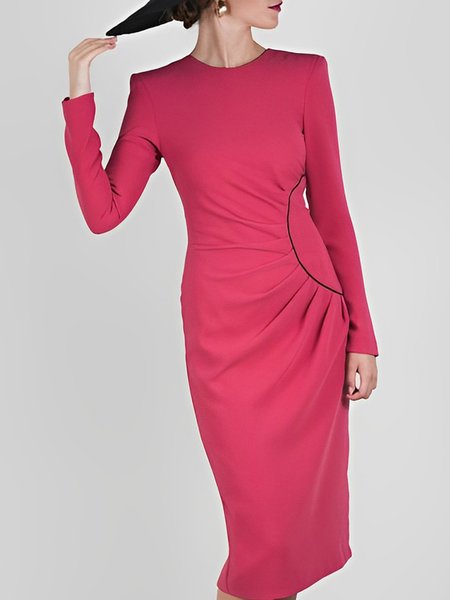 

Elegant Plain Crew Neck Regular Fit Ruched Dress, Pink, Midi Dresses