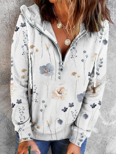 Zipper Hoodie Casual Floral Hoodie, White, Hoodies&Sweatshirts