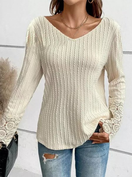 Lace Loose Casual Plain Shirt, Apricot, Shirts & Blouses