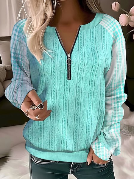 Casual Crew Neck Zipper Sweatshirt, Aqua, Sweatshirts & Hoodies