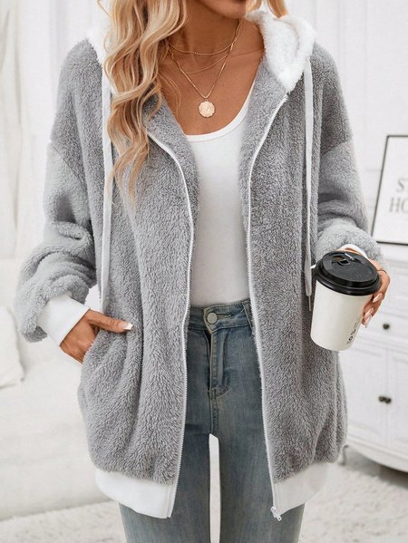 Fluff/Granular Fleece Fabric Casual Loose Teddy Jacket, Gray, Coats