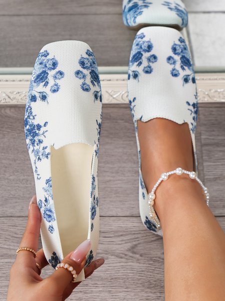 Floral Print Comfy Square Toe Mesh Fabric Slip On Shoes, Blue, Flats