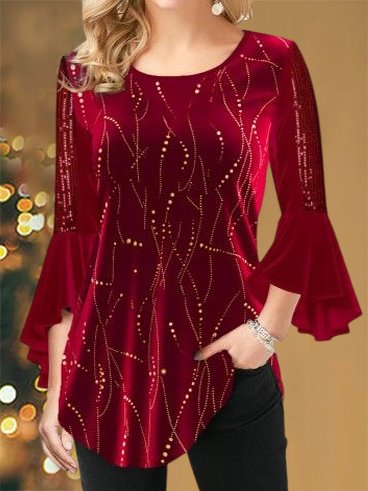 Loose Flare Sleeve Christmas Casual Crew Neck Shirt, Red, Shirts & Blouses