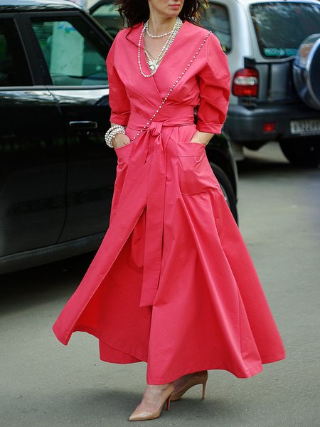 Daily Long Sleeve Regular Fit Urban Dress With Belt, Red, Maxi Dresses 
Daily Long Sleeve Regular Fit Urban Dress With Belt, Red, Maxi Dresses