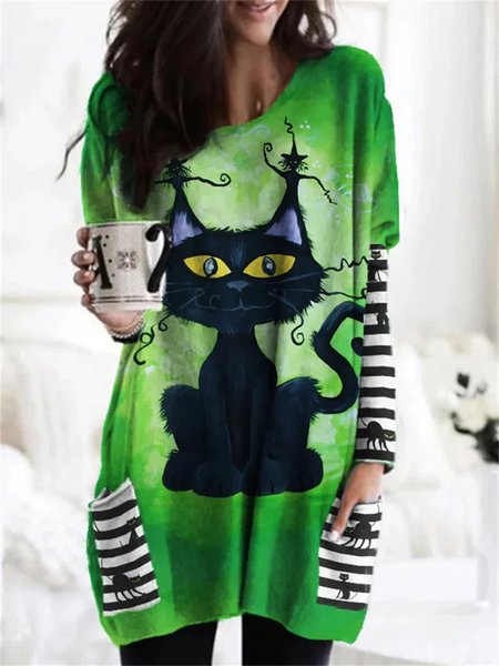 Cotton-Blend Cat Crew Neck Casual Dress, Green, Dresses