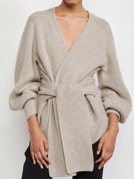 Loose V Neck Urban Long Sleeve Cardigan, Warm grey, Cardigans