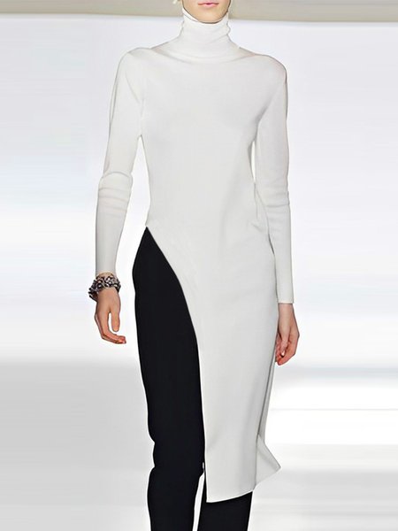 Turtleneck Urban Tight Plain Long Sleeve Sweater, White, Pullovers