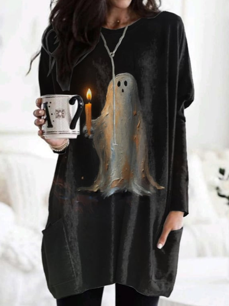 Pocket Stitching Crew Neck Casual Loose Dress With No Belt, Black, Dresses