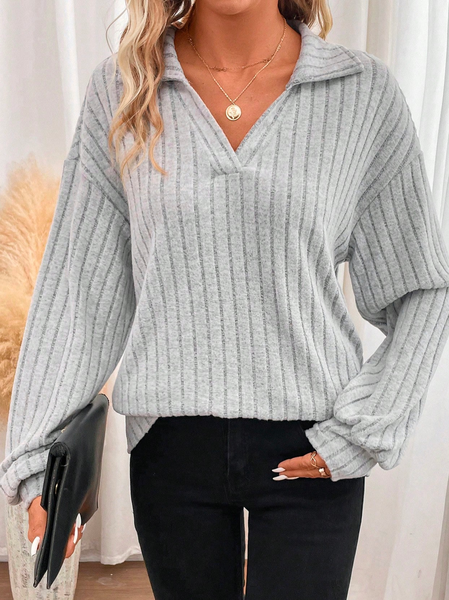 Plain Loose Casual Solid Drop Shoulder Sweatshirt, Gray, Sweatshirts & Hoodies