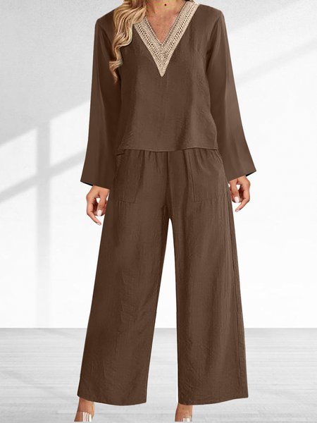 Casual Plain Linen Loose Two-Piece Set, Deep brown, Suit Set