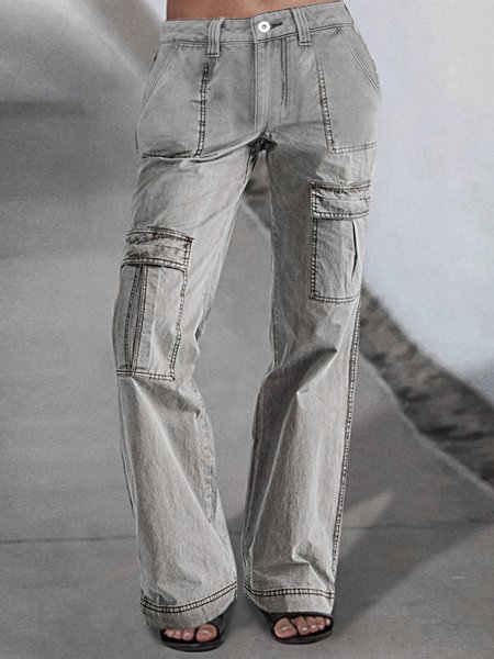 

Buttoned Cotton Plain Casual Flap Pocket Low Rise Wide Leg Cargo Pants, Gray, Pants