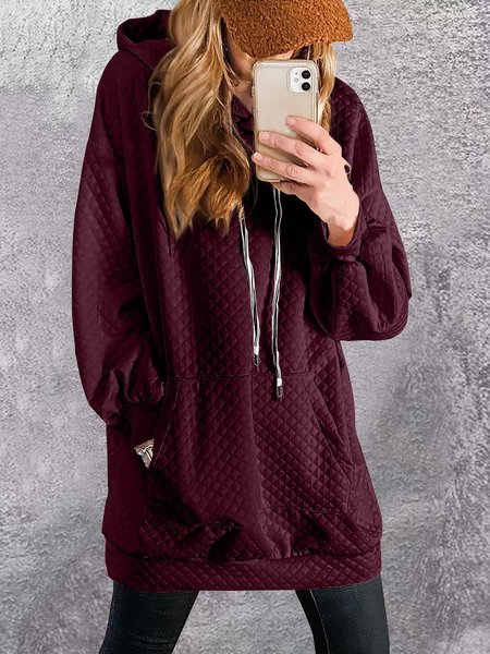 Plain Loose Casual Hoodie Sweashirt Dress With No, Wine red, Dresses