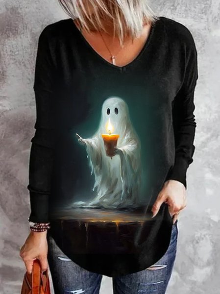 Knitted Casual Halloween Loose T-Shirt, Black, T-Shirts