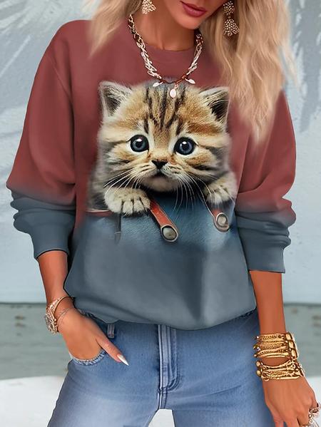 Crew Neck Casual Cat Loose Sweatshirt, Blue, Sweatshirts & Hoodies