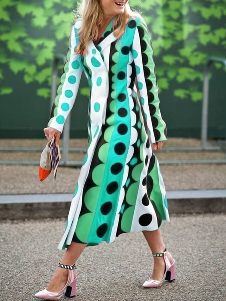 Lapel Collar Polka Dots Urban Trench Coat, As picture, Coats