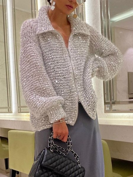 Elegant Shawl Collar Plain Long Sleeve Loosen Cardigan, Gray, Cardigans