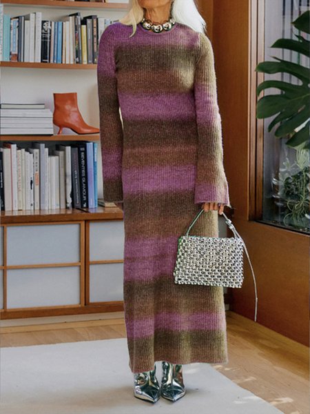 Striped Yarn/Wool Yarn Crew Neck Casual Sweater Dress, Gray purple, Maxi Dresses