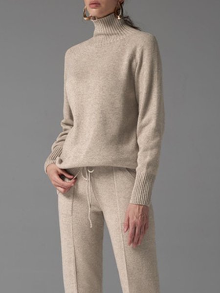 

Turtleneck Yarn/Wool Yarn Regular Fit Urban Sweater, Khaki, Pullovers