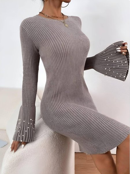 Elegant Crew Neck Plain Regular Fit Sweater Dress, As picture, Midi Dresses