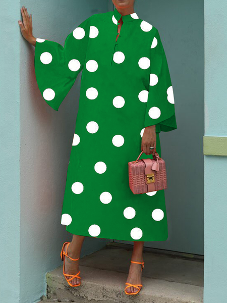 Loose Elegant Stand Collar Long Sleeve Maxi Dress, Green, Maxi Dresses