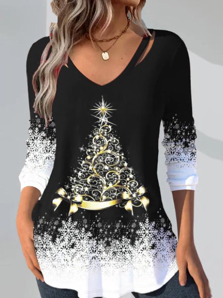 Loose Casual V Neck Christmas T-Shirt, Color5, Long sleeves