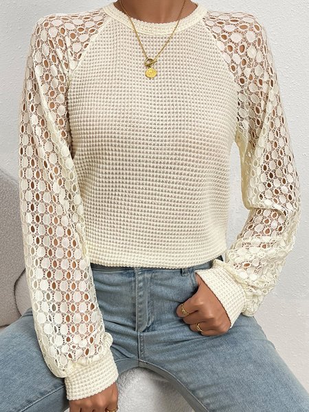 Loose Plain Casual Lace T-Shirt, Beige, T-Shirts
