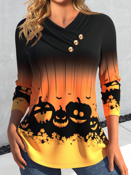 Casual Halloween Cross Neck T-Shirt, Orange, T-Shirts