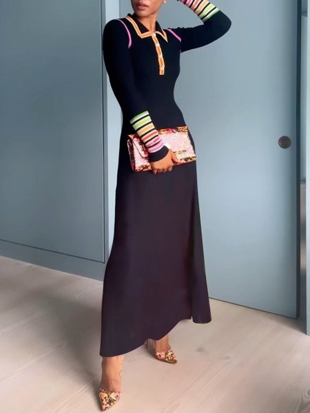 Elegant Long Sleeve Shawl Collar Dress, Black, Maxi Dresses