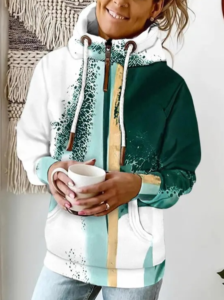 Casual Loose Abstract Half Turtleneck Hoodie, Green, Sweatshirts & Hoodies
