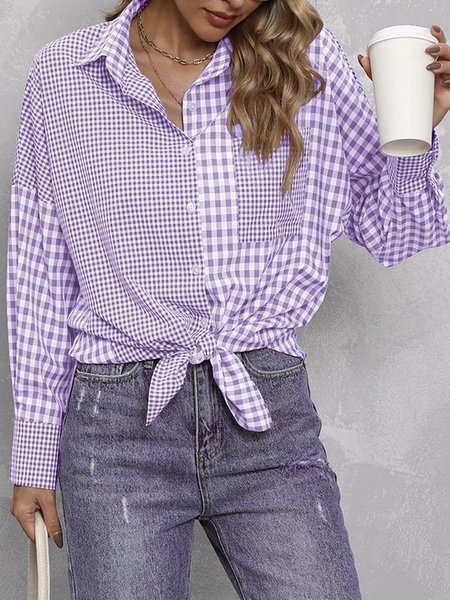 Plaid Shirt Collar Casual Blouse, Purple, Blouses & Shirts
