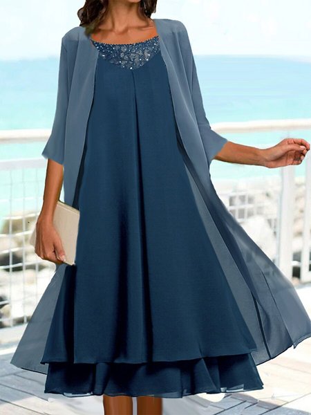 V Neck Plain Elegant Two-Piece Set, Dark blue, Party Dresses