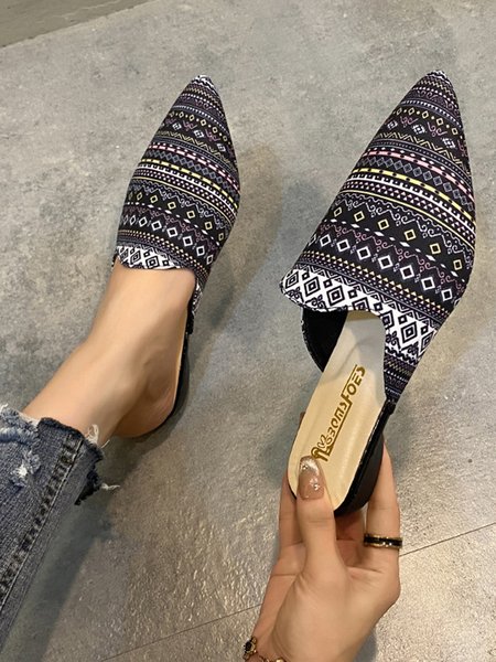 Ethnic Pattern Pointed Toe Fabric Mules, Black, Flats