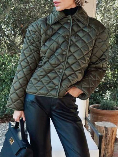 Plain Regular Fit Casual Shirt Collar Padded Jacket, Army green, Padded Jackets
