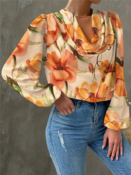 Elegant Loose Halter Floral Shirt, Orange, Shirts & Blouses