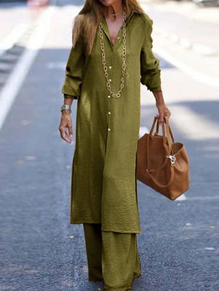 

JFN cotton Casual Plain Lapel Collar Long Sleeve Button Long Shirt & Wide Leg Pants 2Pcs Set, Army green, Suit Set